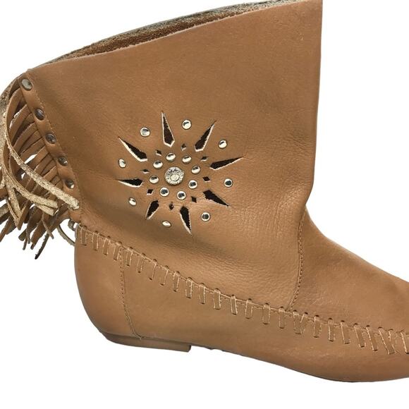 Clicks Leather Fringe Ankle Boots Tan & Silver Studded Western Indian Design - Picture 5 of 12